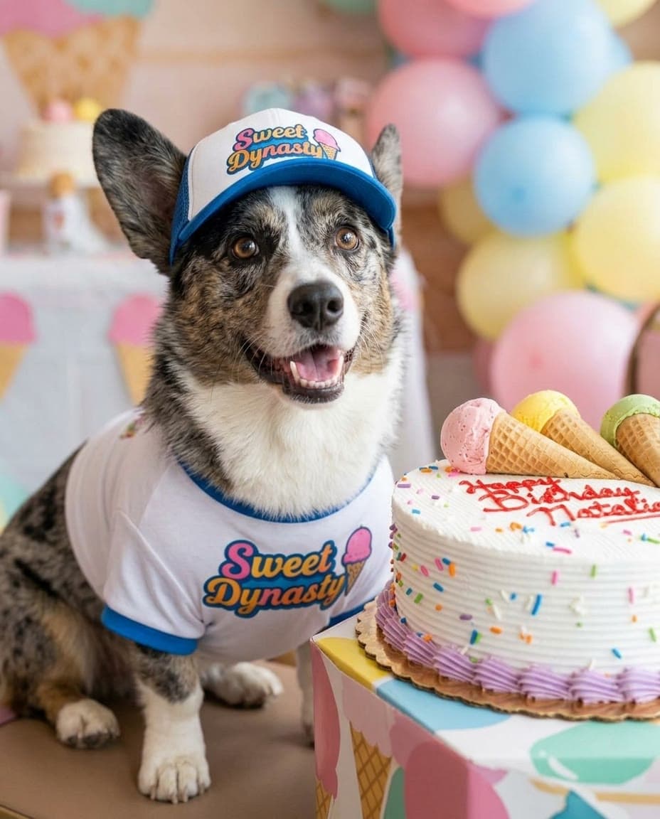 Bandit, a Cardigan Welsh Corgi, wearing a Sweet Dynasty cap and t-shirt