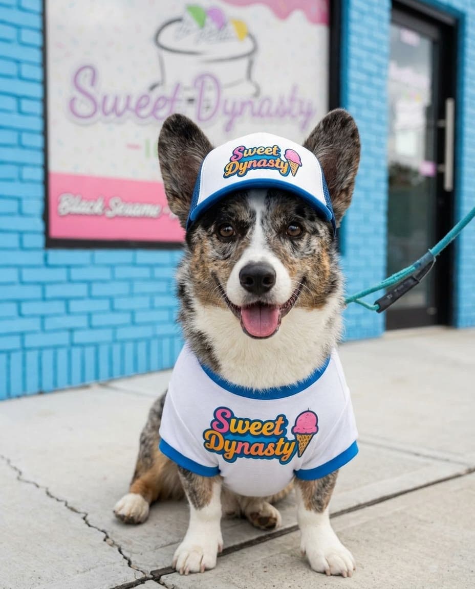 Bandit sitting outside the shop in his Sweet Dynasty cap and tee
