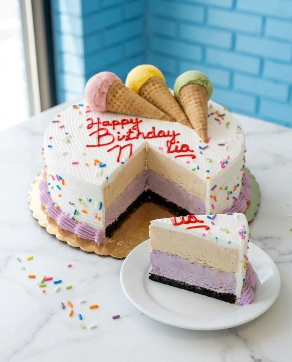 A Sweet Dynasty ice cream cake with a slice cut out, showing taro and milk tea layers