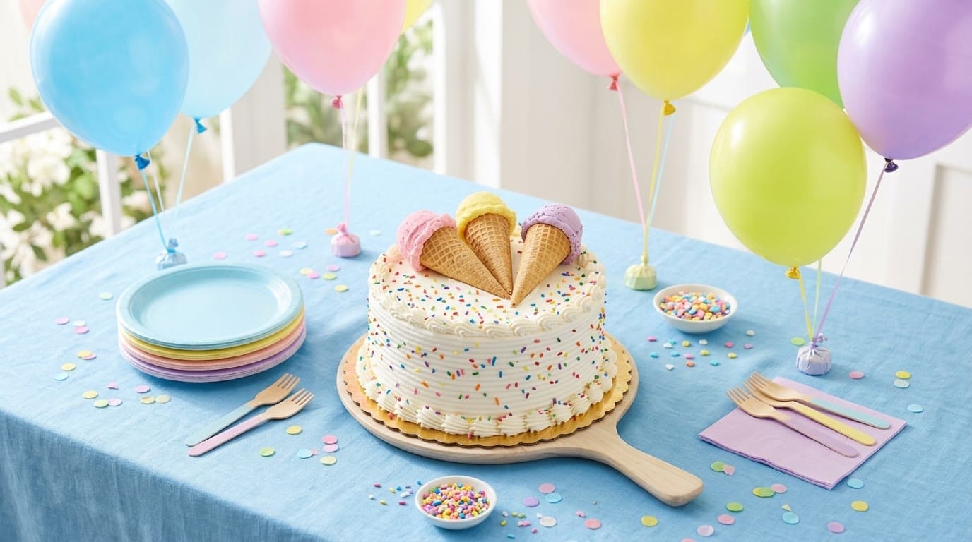 A party table with a Sweet Dynasty-style ice cream cake and pastel balloons
