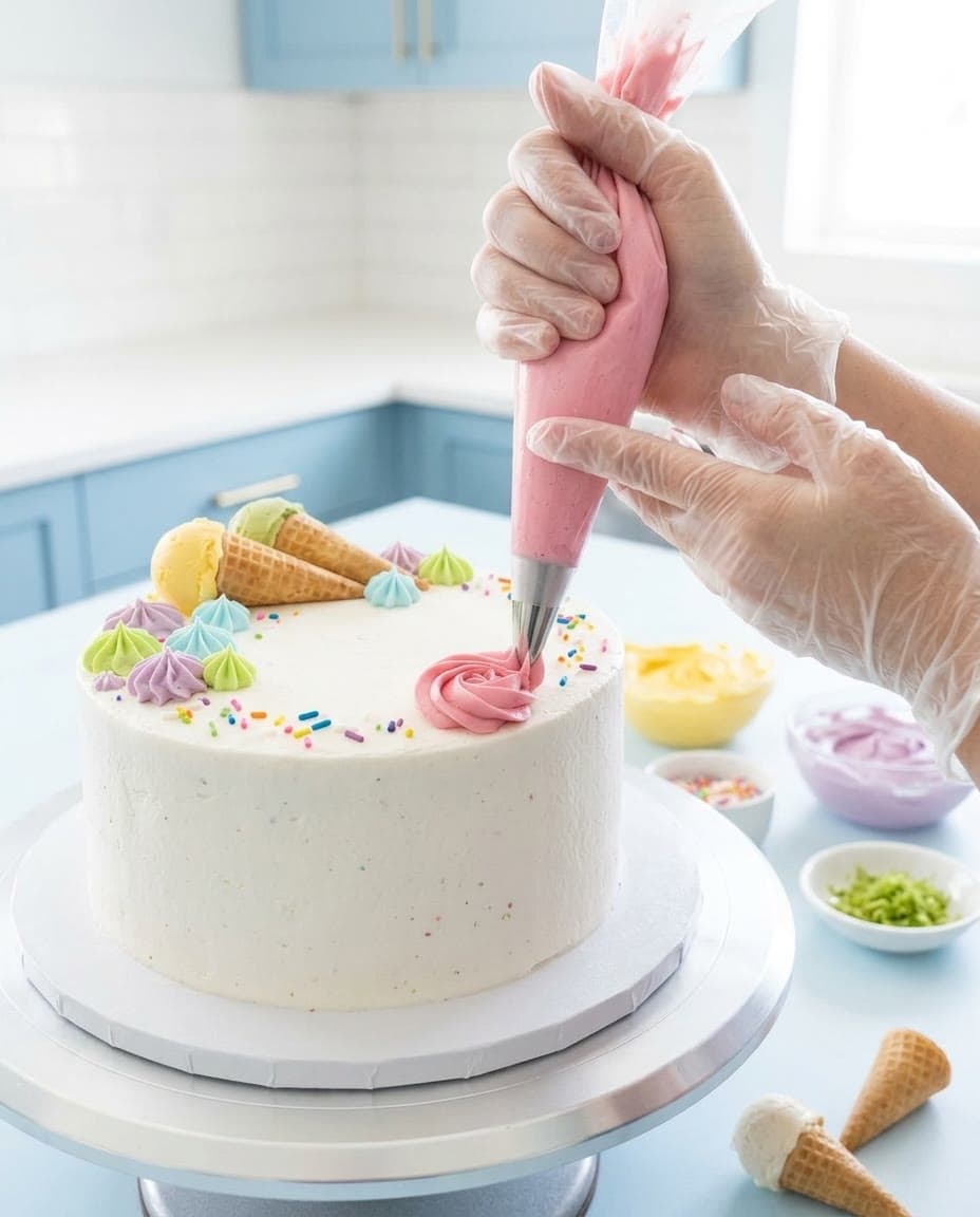 Hands piping pink rosettes onto an ice cream cake