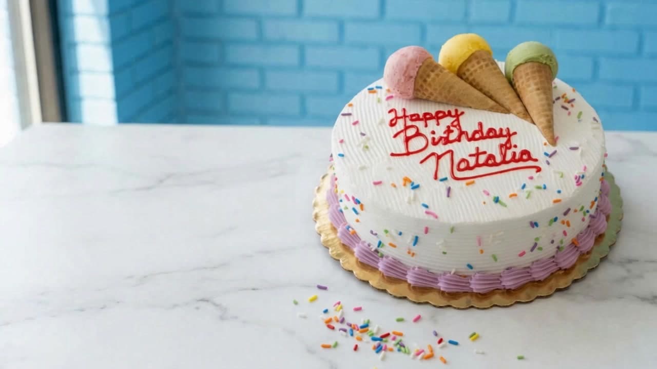 A Sweet Dynasty mini-cone ice cream cake in front of the shop's sky-blue brick wall